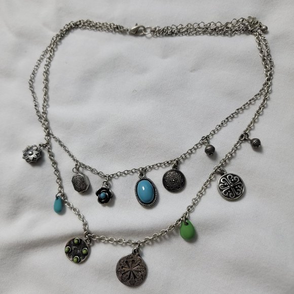 Green and Blue Silver Metal Layered Charm Necklace - Picture 1 of 1